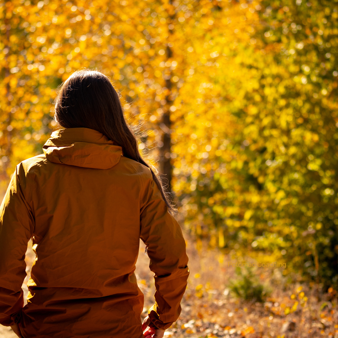 woman in rust colored sweatshirt walking in fall leaves avoiding Thanksgiving family drama