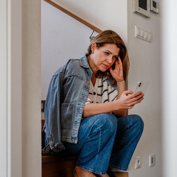 40 year old woman upset by text from ex sitting on stairs